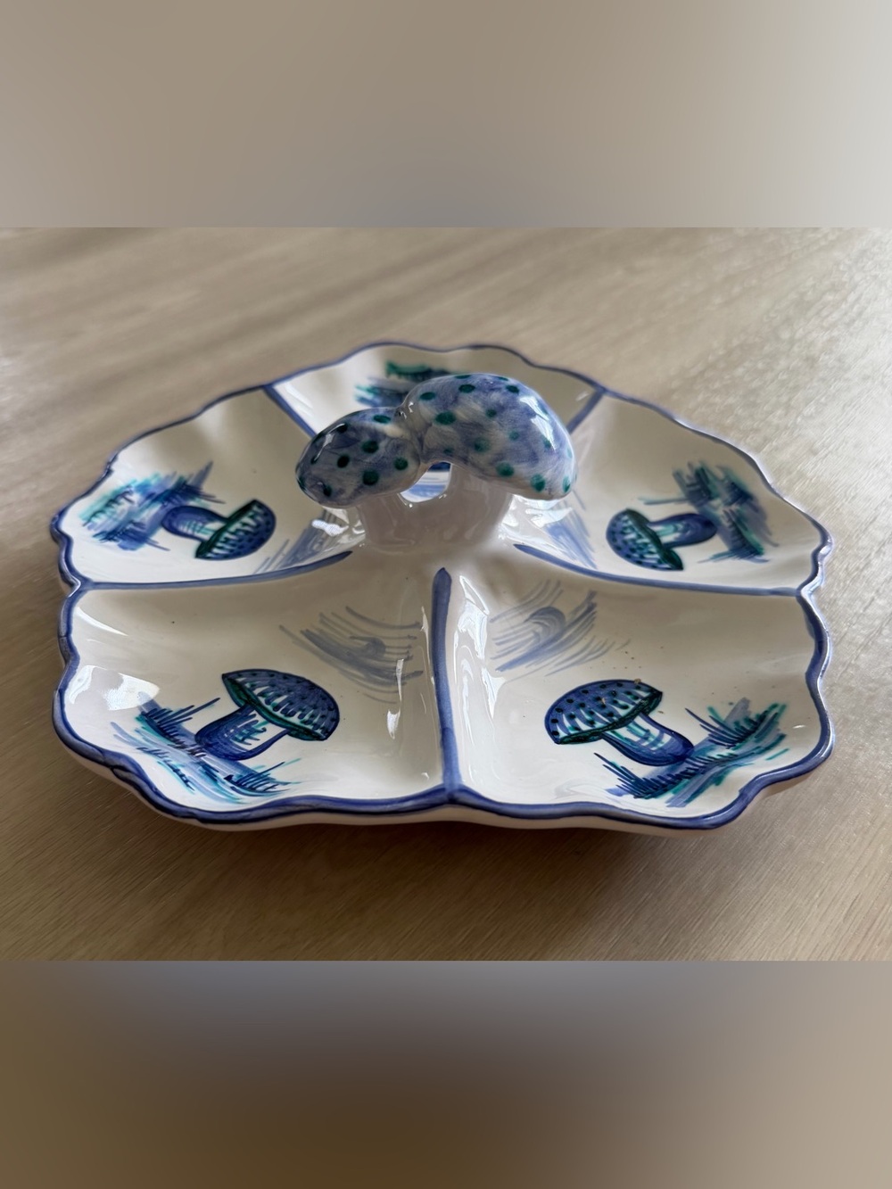 Vintage Hand Painted Mushrooms Divided Bowl Trinket Serving Dish Made In Italy